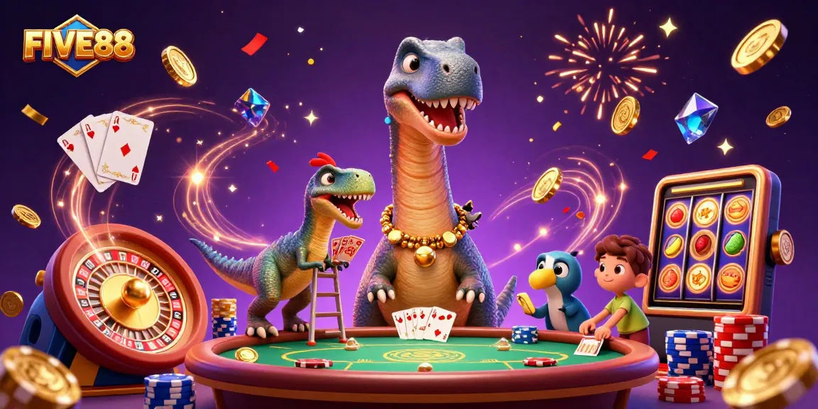 Experience exciting casino action with a dynamic FIVE88 scene featuring a cartoon brontosaurus and raptor.