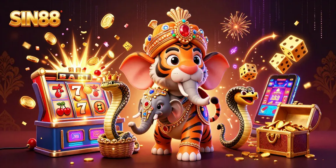 SIN88 captivates players with vibrant 3D casino elements including a slot machine jackpot explosion and majestic characters.