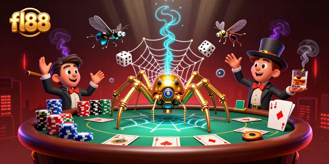 Score big at fl88 with a steampunk spider tangled in a web of poker chips and dice.
