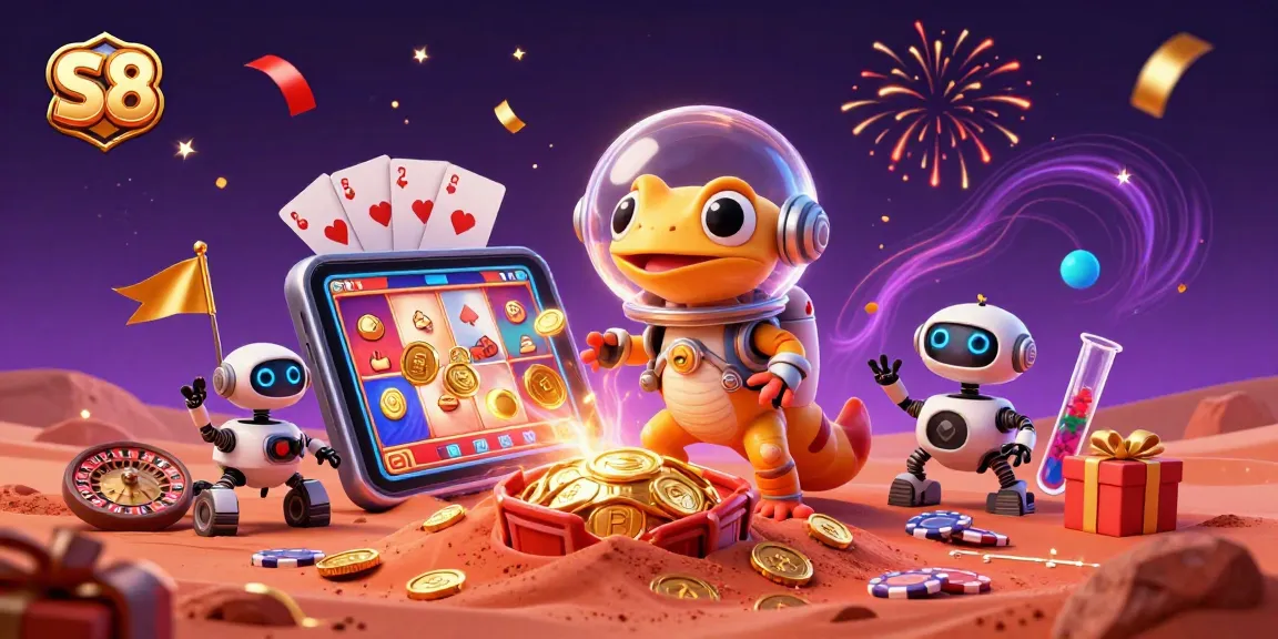 S8 Casino Adventure with Martian Gecko Discovering Golden Casino Amidst Colorful Slots and Joyful Alien Bacteria