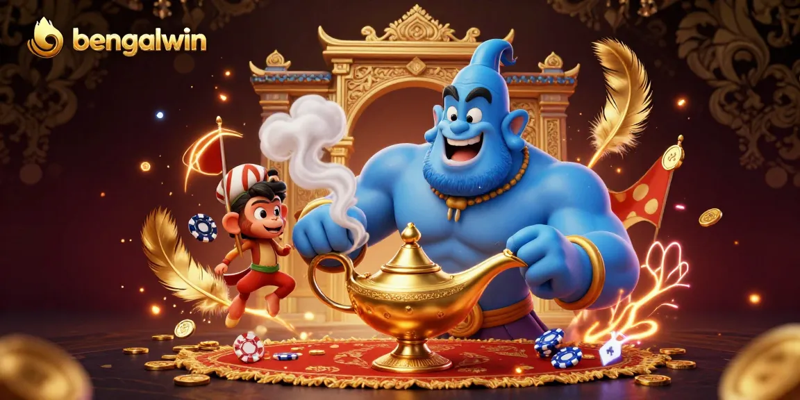 Experience the excitement of Bengalwin with immersive 3D Genie and poker-themed features in this vibrant casino scene.