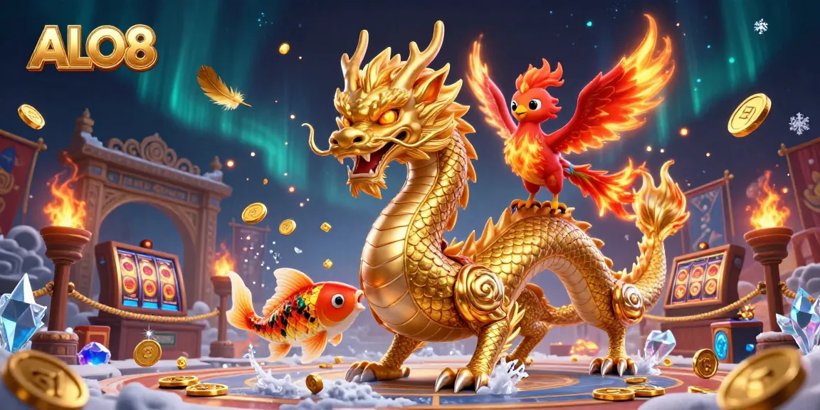 Experience thrilling gameplay at ALO8 featuring a golden dragon, phoenix, and koi, set in a vibrant casino