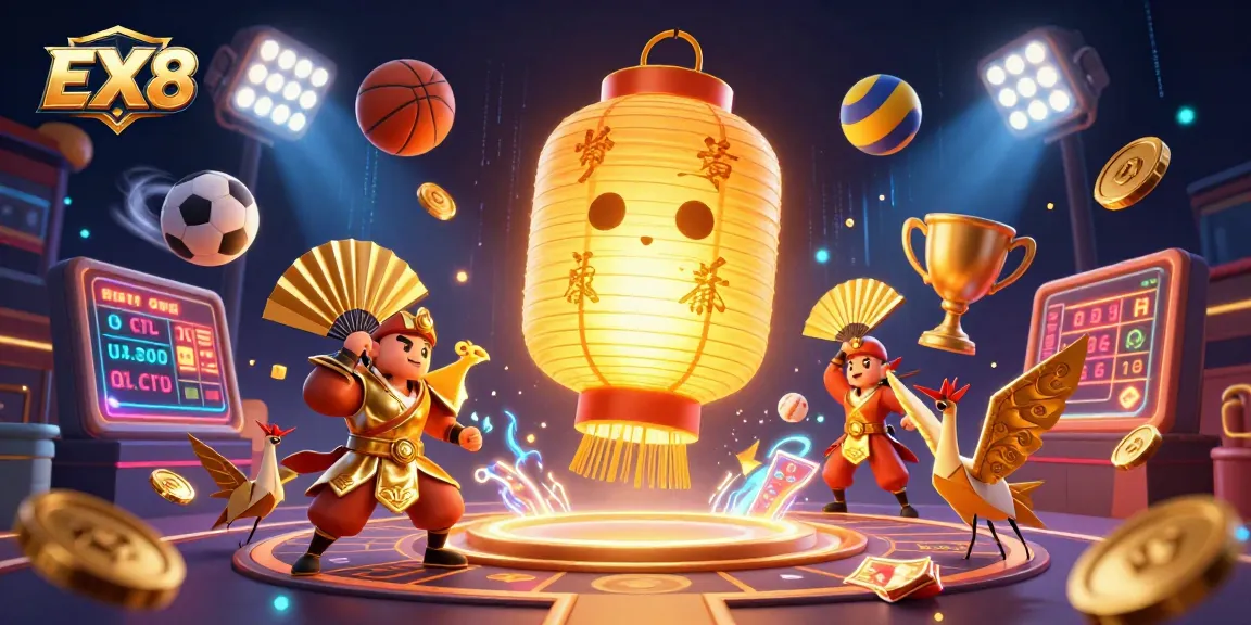 Experience the excitement of EX88's vibrant casino scene with dynamic sports elements and lucky symbols.