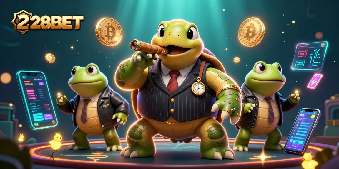 Engage with 28BET in a vibrant casino scene featuring a snapping turtle in a suit with casino elements.