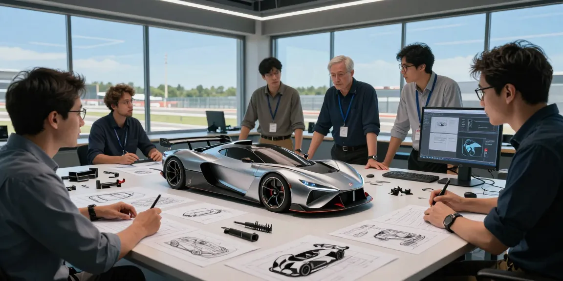 Innovative automotive design studio showcasing LC88 racing car model and engineering collaboration