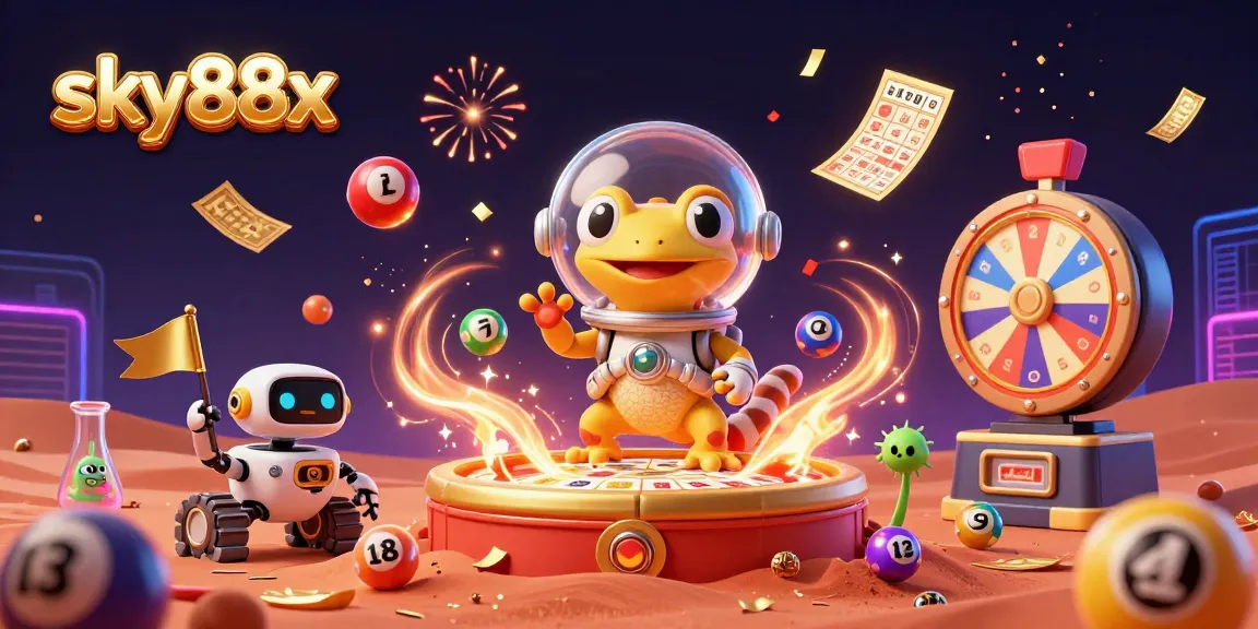 Experience wins with sky88x in a vibrant casino-themed 3D illustration, showcasing engaging lottery and celebration elements.