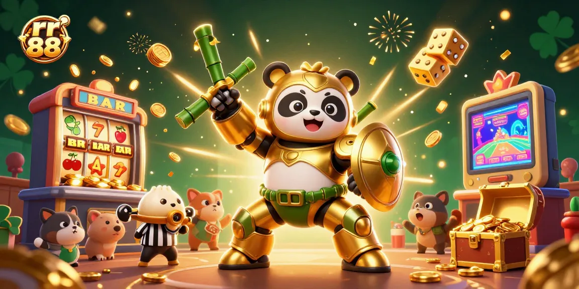 Experience thrilling fun at rr 88 with a golden panda piloting a robot in a vibrant casino arena.