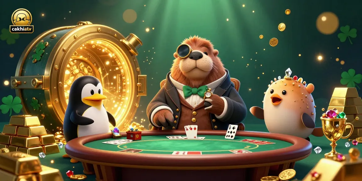CakhiaTV's underwater poker scene showcases a walrus, dealer penguin, and pufferfish bluffing among treasures.