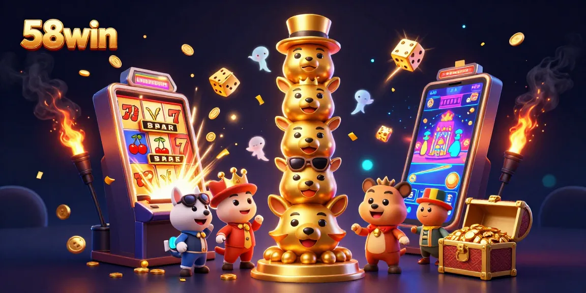 Experience thrilling casino gameplay with 58win's vibrant 3D illustrated scene full of excitement.
