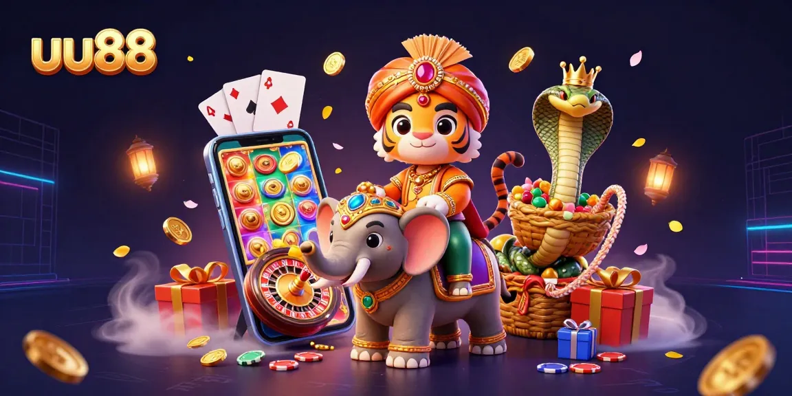 Engage in thrilling gaming action with uu88's vibrant 3D casino illustration featuring exotic characters and game elements.