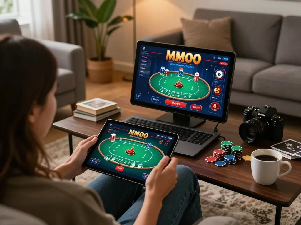 Engaging online poker gameplay on MMOO tablet at stylish home setup