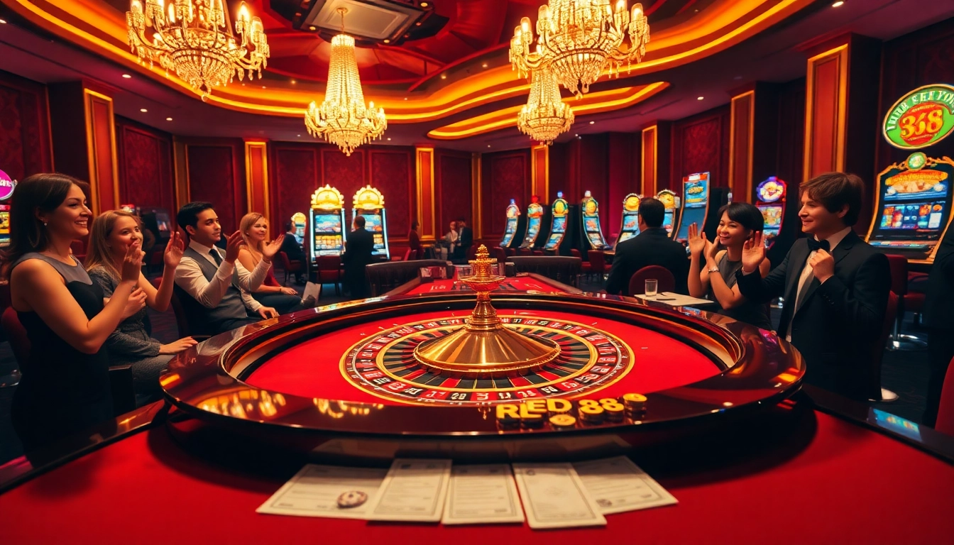 Players enjoy red88 betting at a luxurious casino, with a roulette table and poker chips.