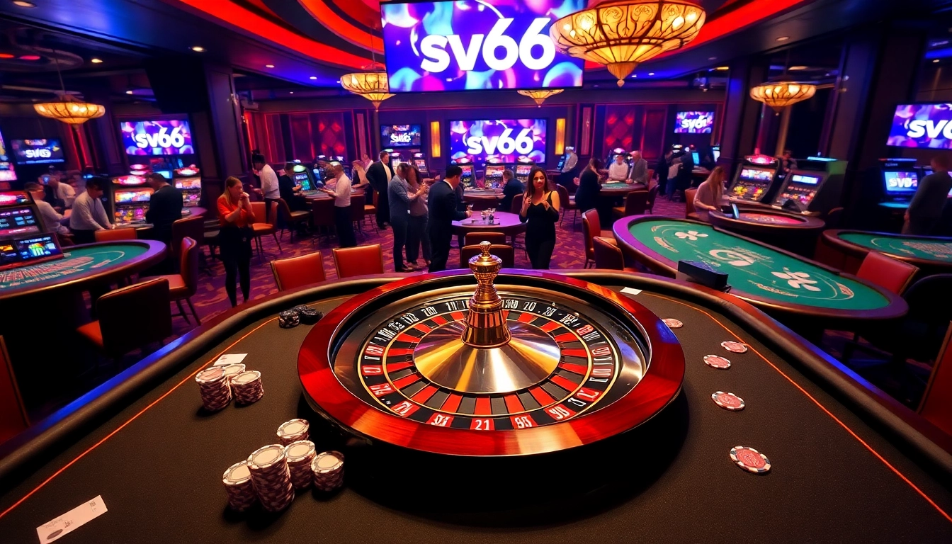 Players enjoying high-stakes games at sv66 casino, featuring poker chips and roulette wheel.