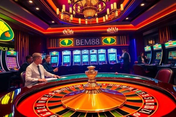 BEM88 players engaging at a glamorous casino roulette table, immersed in excitement and strategy.