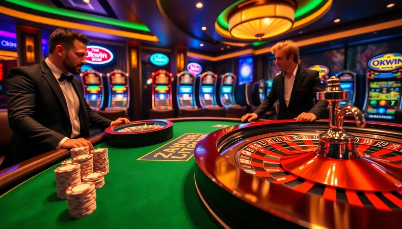 Okwin casino scene with high-stakes poker table and players in excitement.