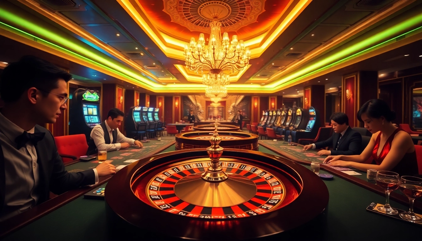Casino tables and roulette wheel showcasing the vibrant atmosphere at Nhà cái Lu88.