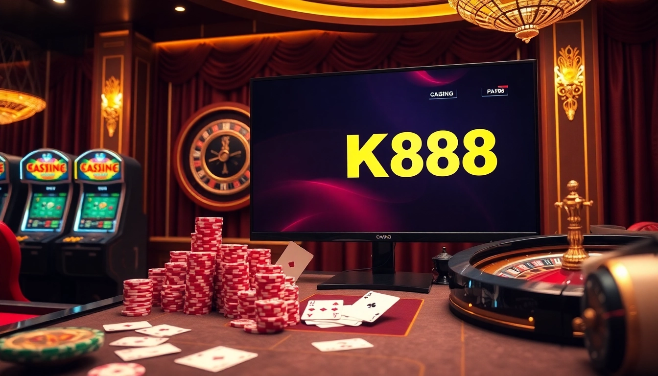 Kp88 online gaming interface surrounded by vibrant casino elements creating an exciting betting atmosphere.