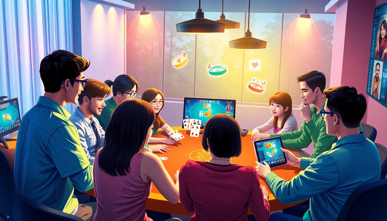 Exciting online gaming scene at gamebaidoithuong.com.vc featuring diverse players enjoying virtual card games.