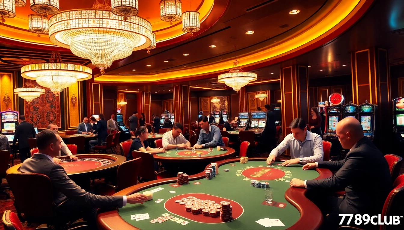 Exciting gameplay at 789club with vibrant poker tables and casino lights.