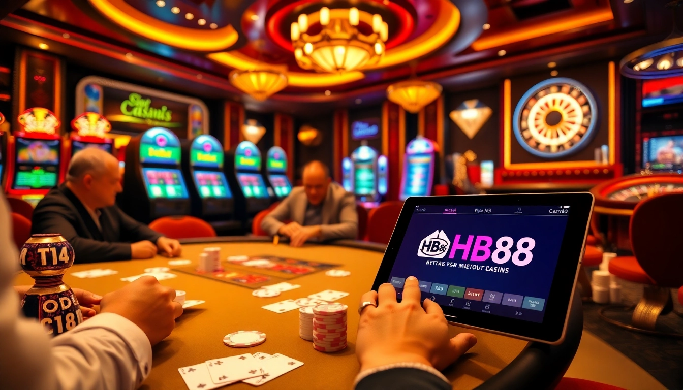 Players strategizing at a poker table surrounded by HB88 slot machines in a lively casino.