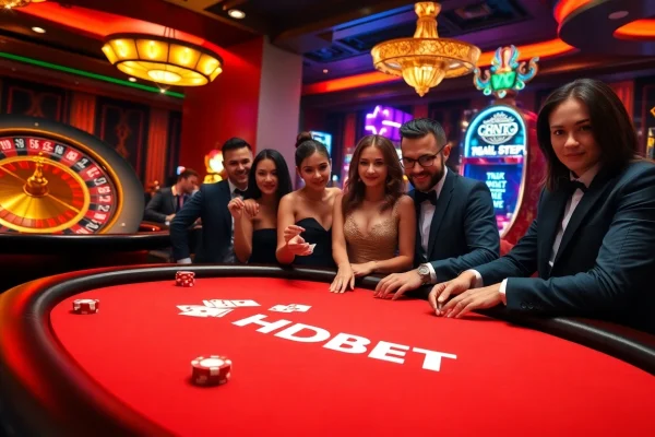 Players engage strategically at HDBET's luxurious poker table amidst a vibrant casino setting.