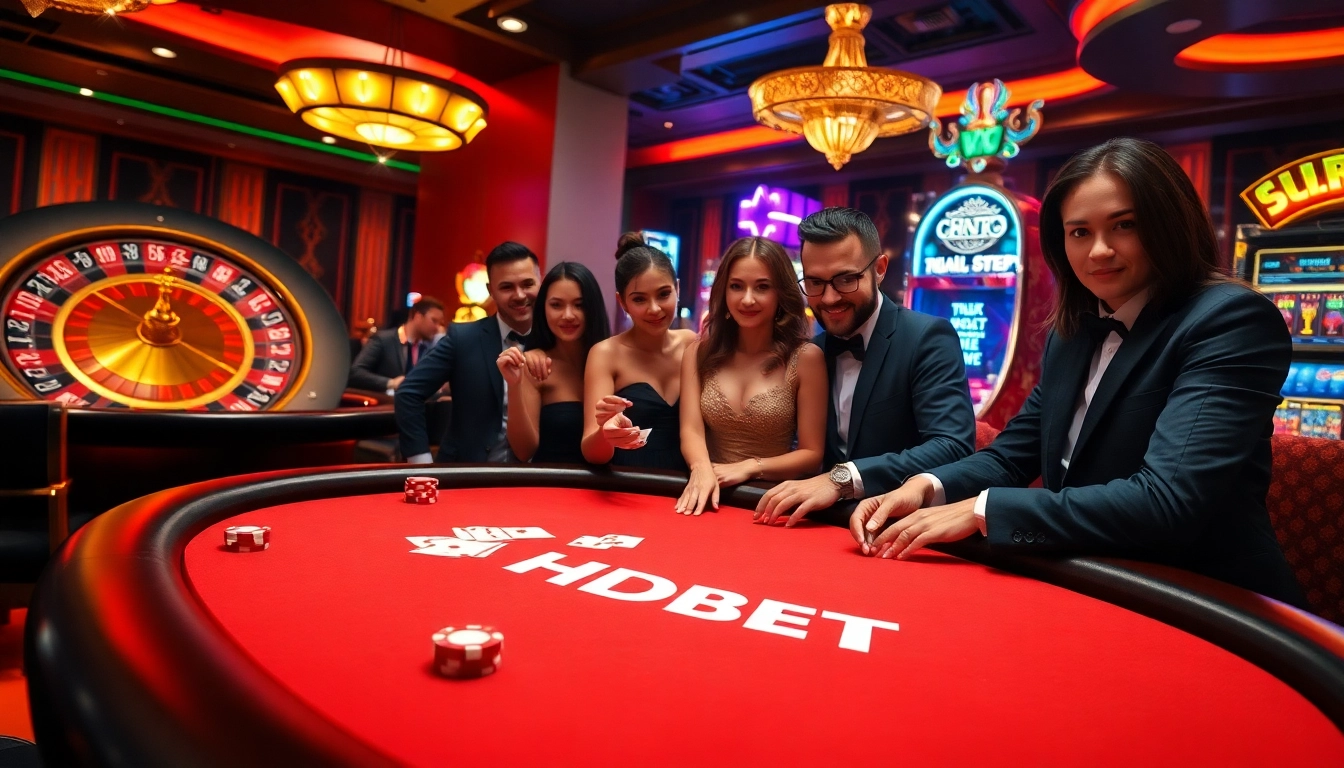 Players engage strategically at HDBET's luxurious poker table amidst a vibrant casino setting.