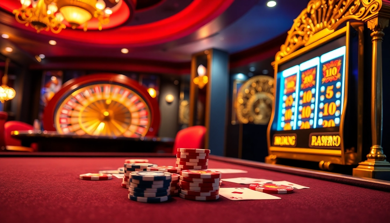 Lode88 ai elevates online gambling with engaging casino action featuring poker chips and slot machines.