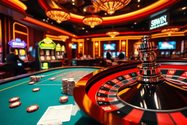 Engage in thrilling gameplay at 58WIN's luxurious casino with vibrant slot machines and attentive poker players.