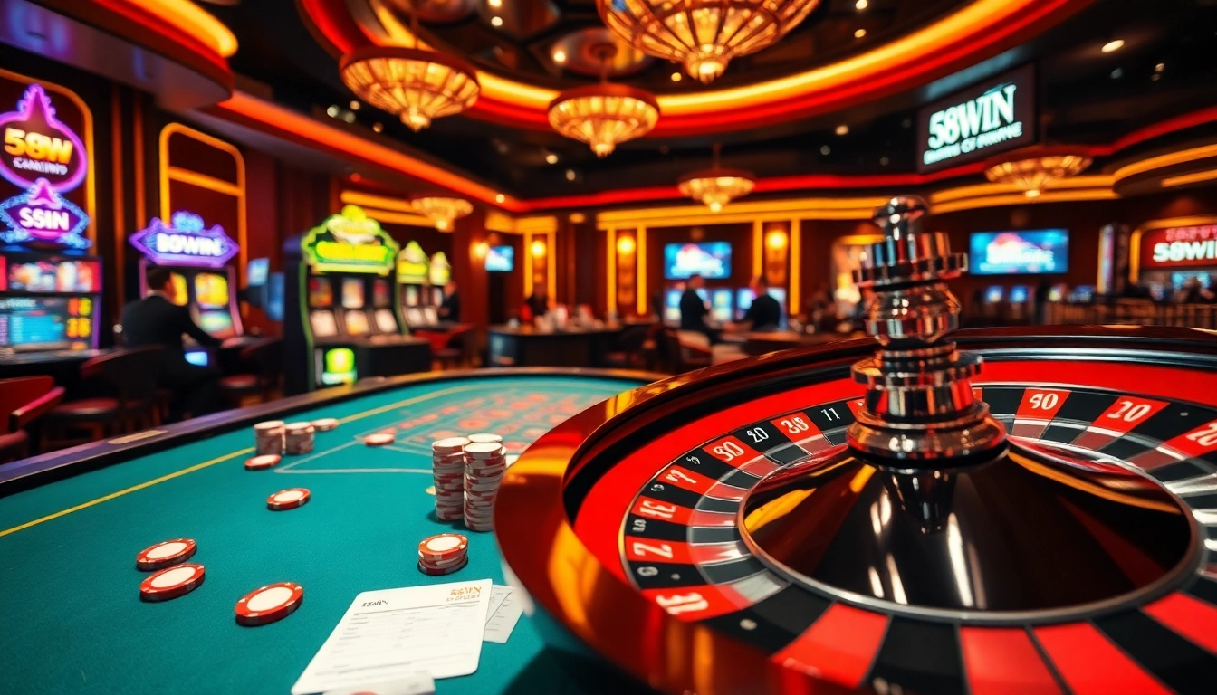 Engage in thrilling gameplay at 58WIN's luxurious casino with vibrant slot machines and attentive poker players.