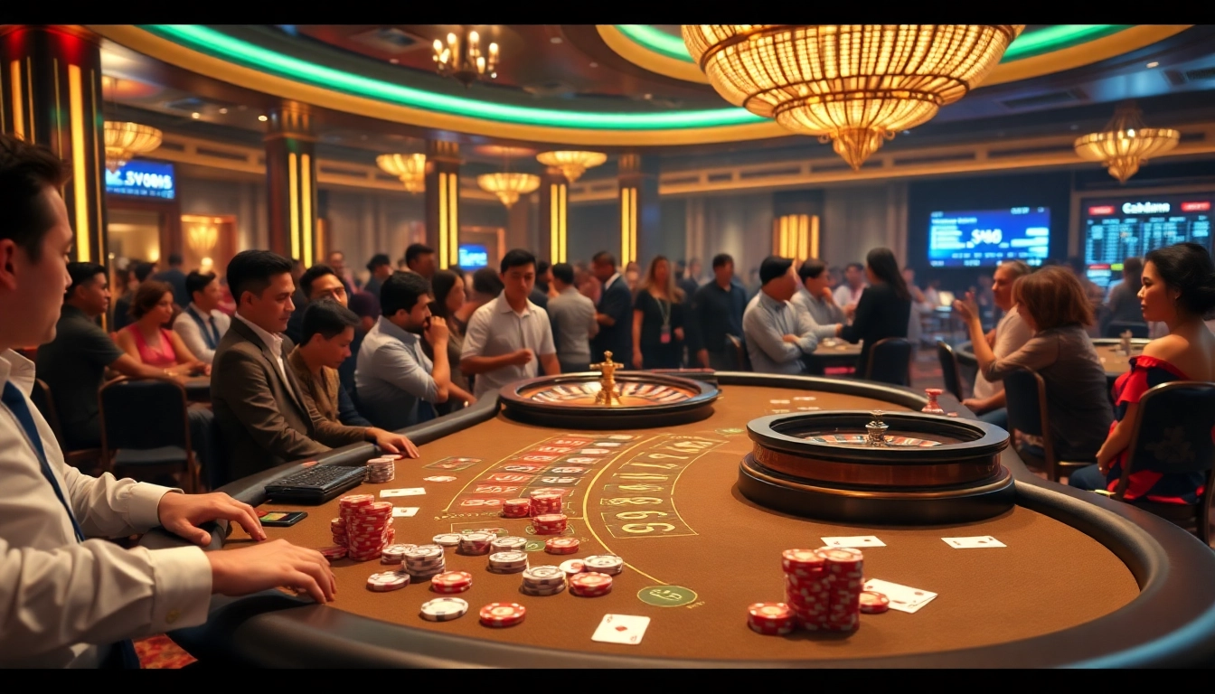 Players enjoying an exciting game at the SV88 casino table with vibrant atmosphere and sophisticated decor.