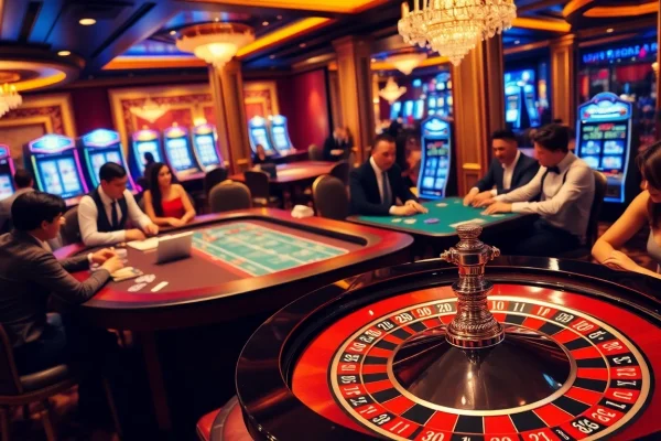 Experience excitement at https://s666hn.com/ with a luxurious casino scene featuring a roulette wheel and eager players.