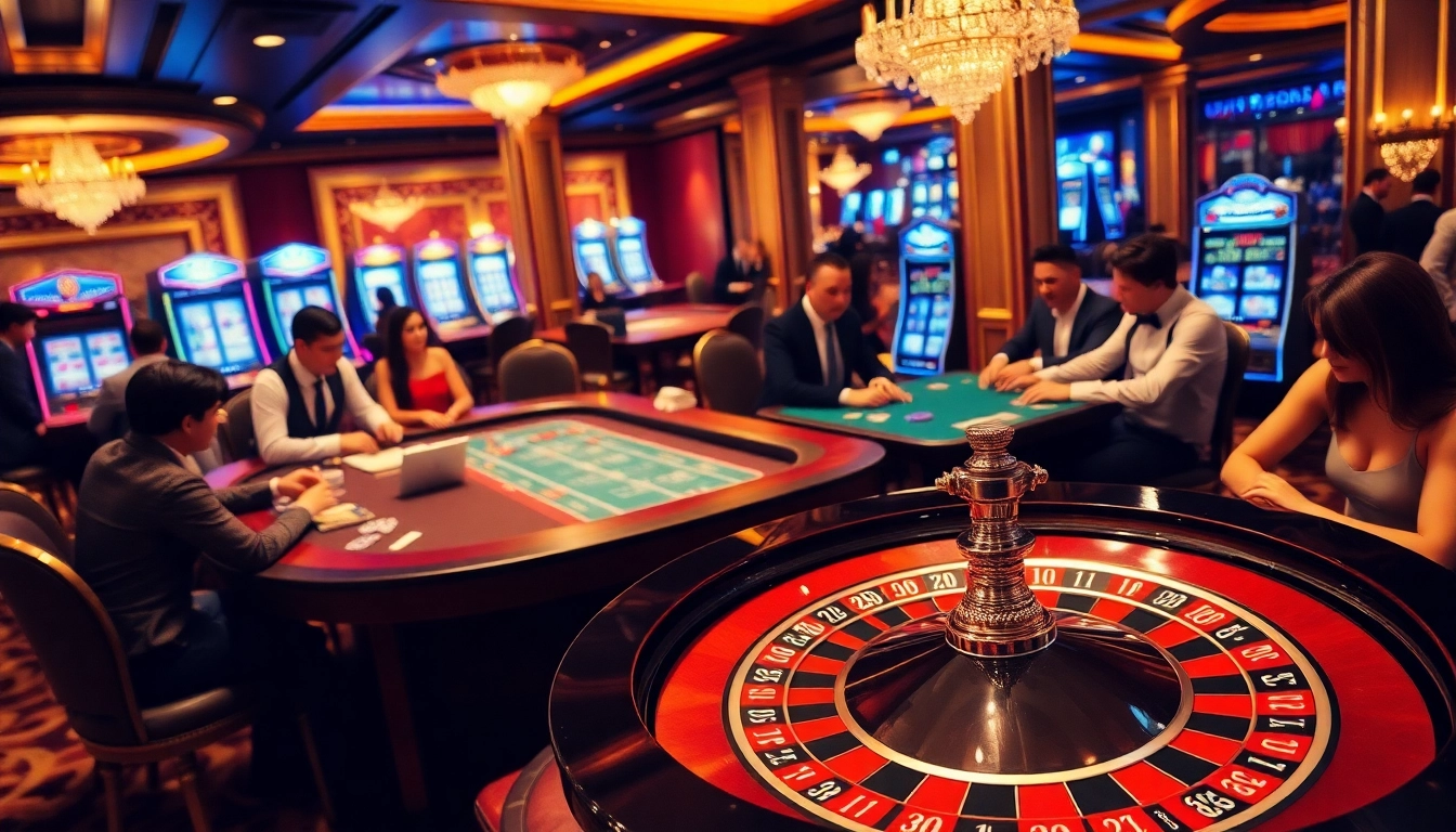 Experience excitement at https://s666hn.com/ with a luxurious casino scene featuring a roulette wheel and eager players.