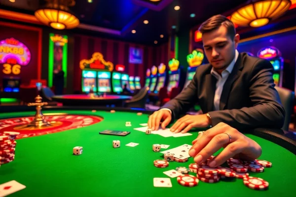 NK88 gambling scene showing a professional poker player placing bets with colorful chips at a casino table.