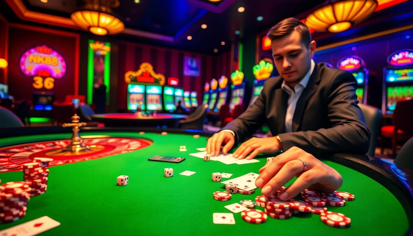 NK88 gambling scene showing a professional poker player placing bets with colorful chips at a casino table.