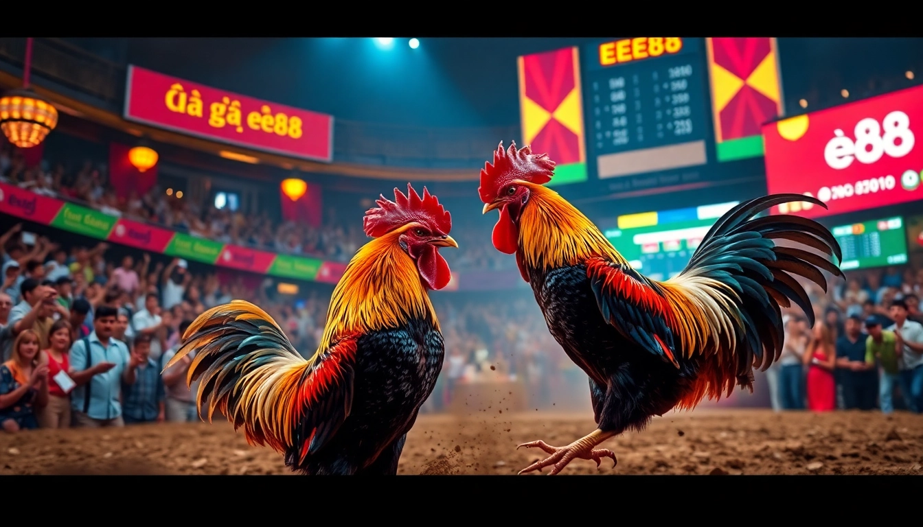 Live cockfighting action at đá gà ee88, showcasing thrilling competition and betting dynamics.