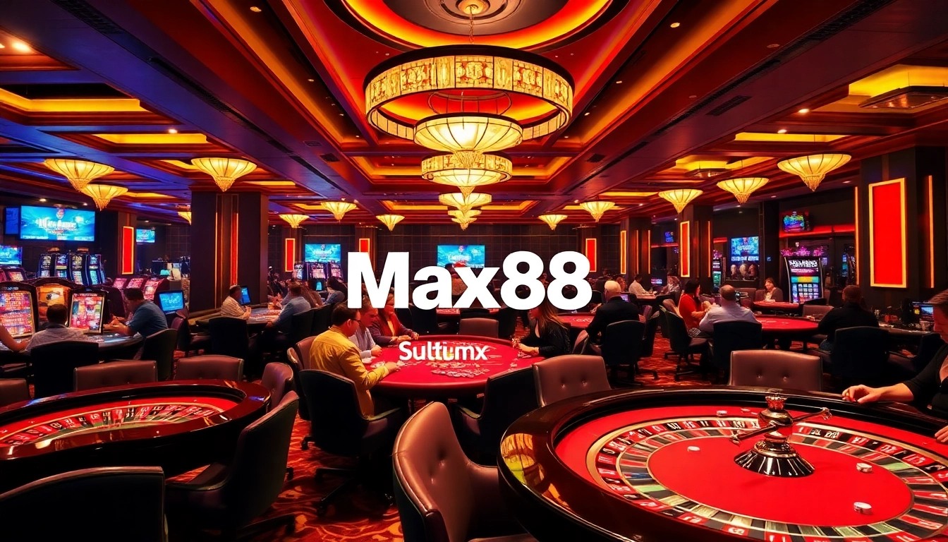 Players enjoy an exciting game at Max88 casino, featuring vibrant tables and poker chips.