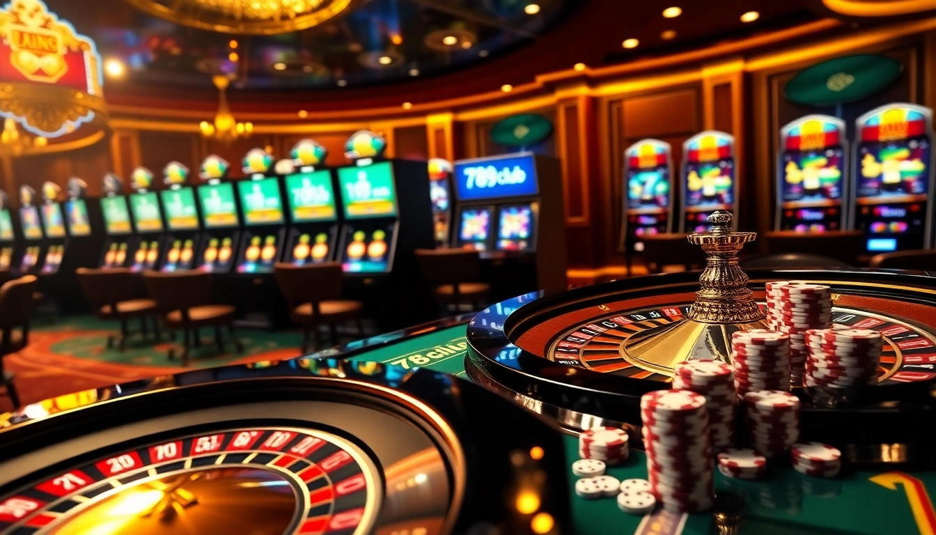 Players enjoying games at 789club casino with vibrant chips and illuminated roulette.