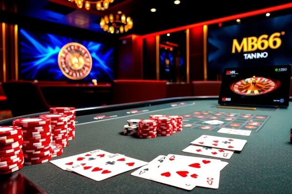 Experience excitement at trang chủ MB66 with vibrant cards, poker chips, and a roulette wheel.