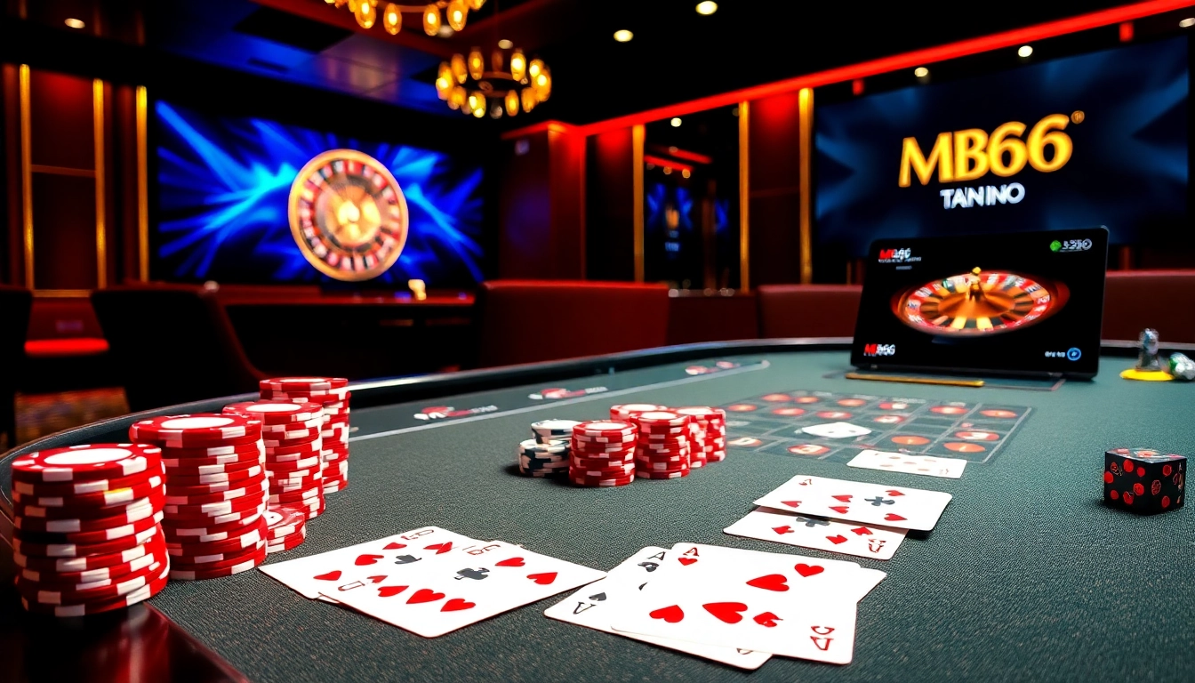 Experience excitement at trang chủ MB66 with vibrant cards, poker chips, and a roulette wheel.