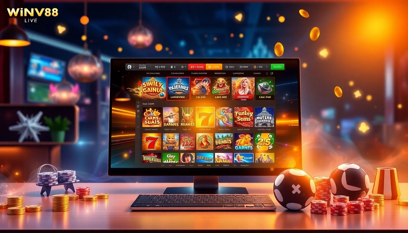 Online gambling interface showcasing WINVN's exciting gaming portfolio at winvn88.live, featuring dynamic casino elements.