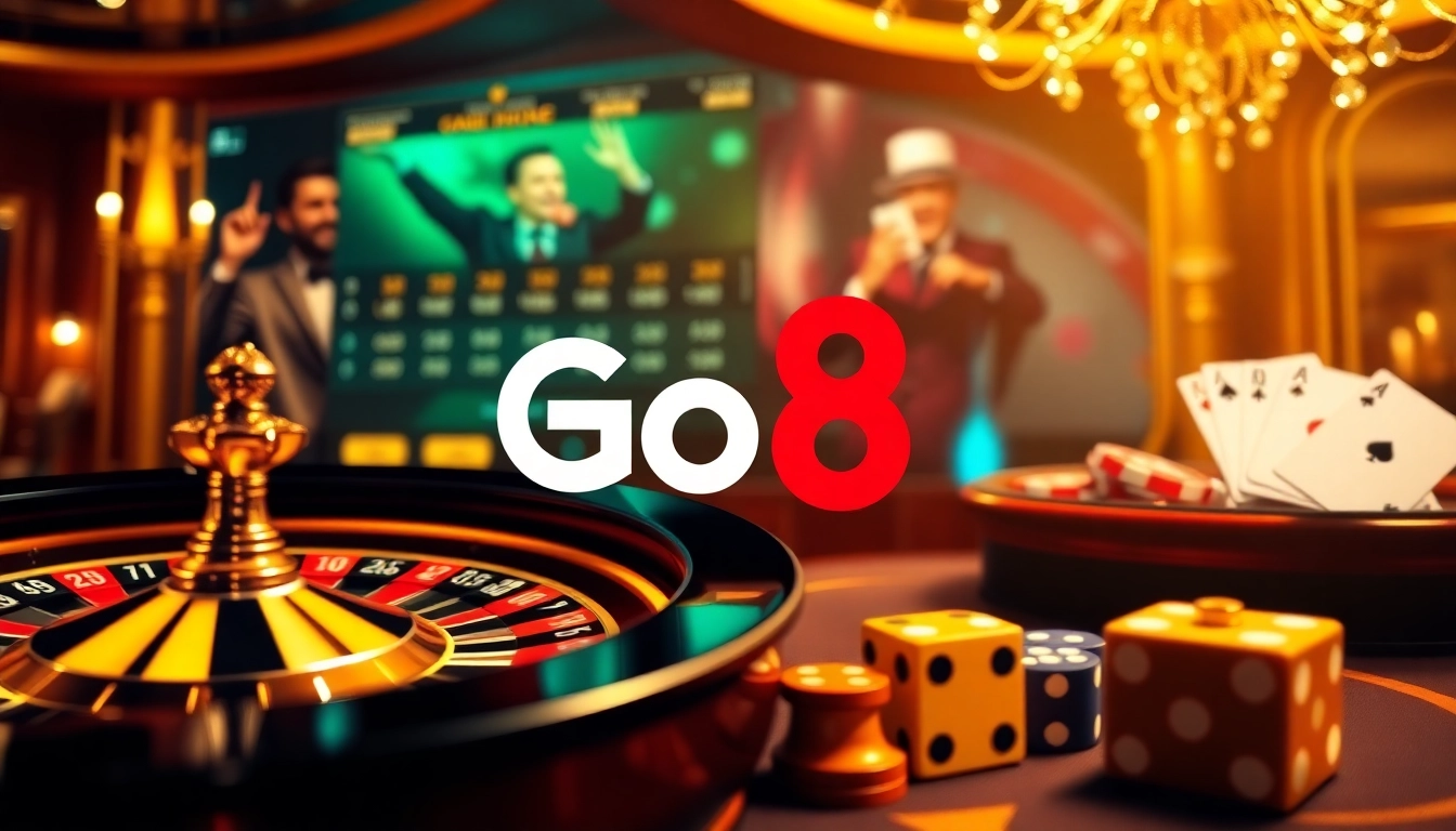 Go8 online casino showcasing thrilling gambling action with vibrant roulette and poker elements.