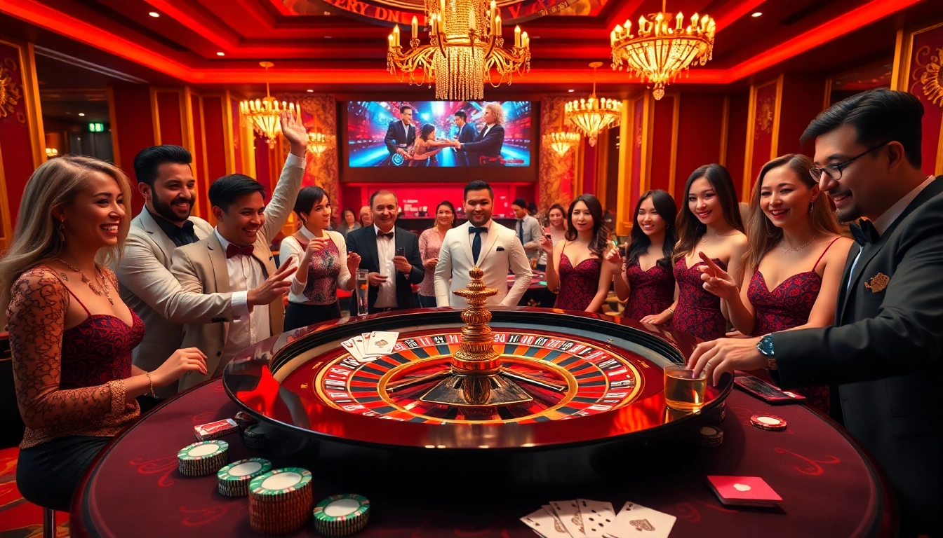 Experience thrilling casino action at https://hm88.bike/ with players celebrating wins at a roulette table.