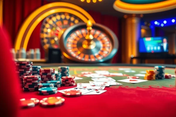 Experience the thrill of FEBET as players engage in exciting casino games with vibrant tables and chips.