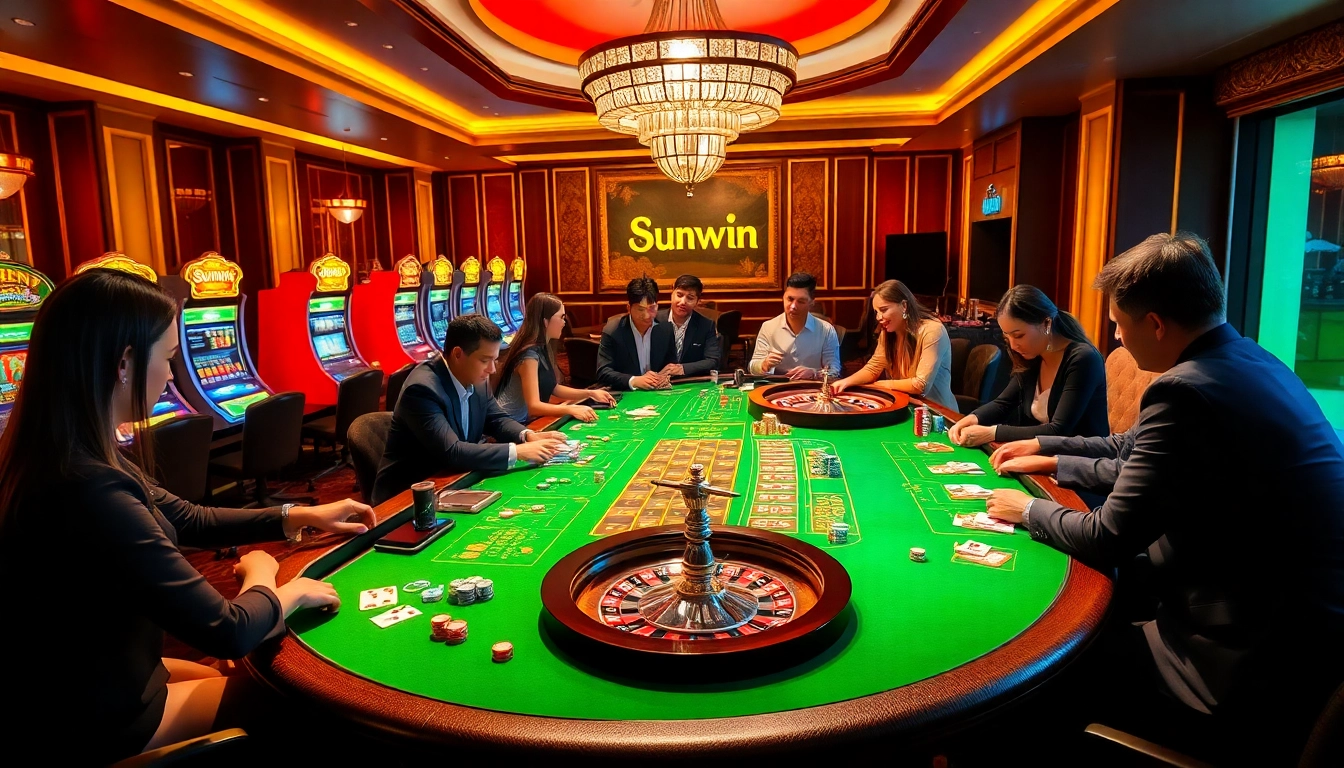 Experience excitement at Sunwin's vibrant casino table with players delighting in high-stakes games.