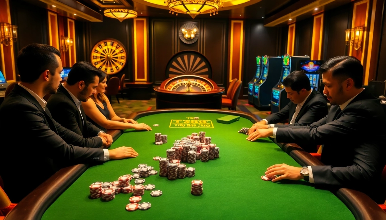Experience the thrill of TT88 at a luxurious casino poker table with engaged players and vibrant slot machines.