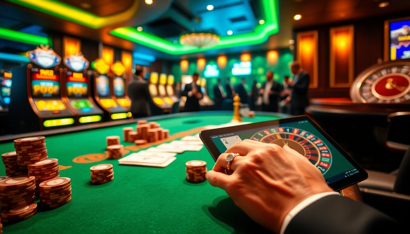 Experience thrilling gaming at tr88vip.co.com with a vibrant casino setting featuring poker and slot machines.