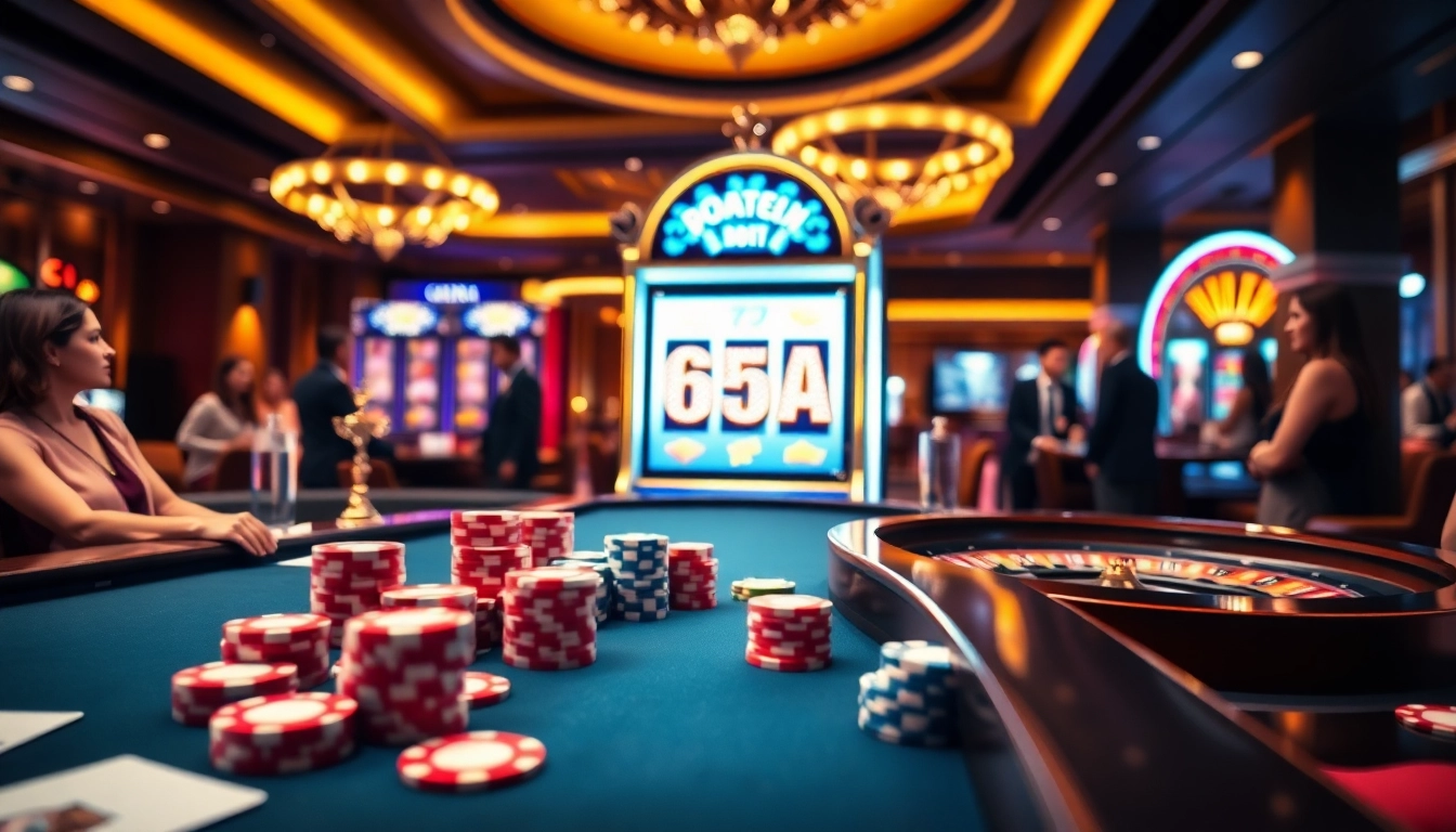 Excited gamblers engaging at a 65A-themed casino table with vibrant chips and cards.