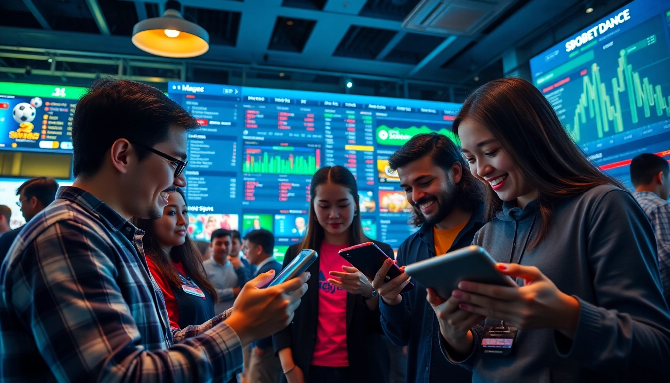 Engaging users in a vibrant online betting environment at sbobet.dance, showcasing diverse individuals using tablets and smartphones.