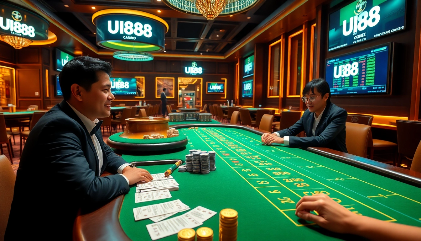 Excited players engaging with the UU88 online casino, showcasing vibrant betting tables and modern interfaces.