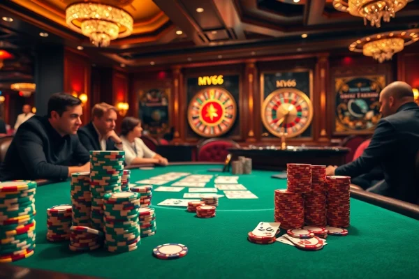Exciting casino scene showcasing MV66-themed poker chips and cards on a luxury gambling table.